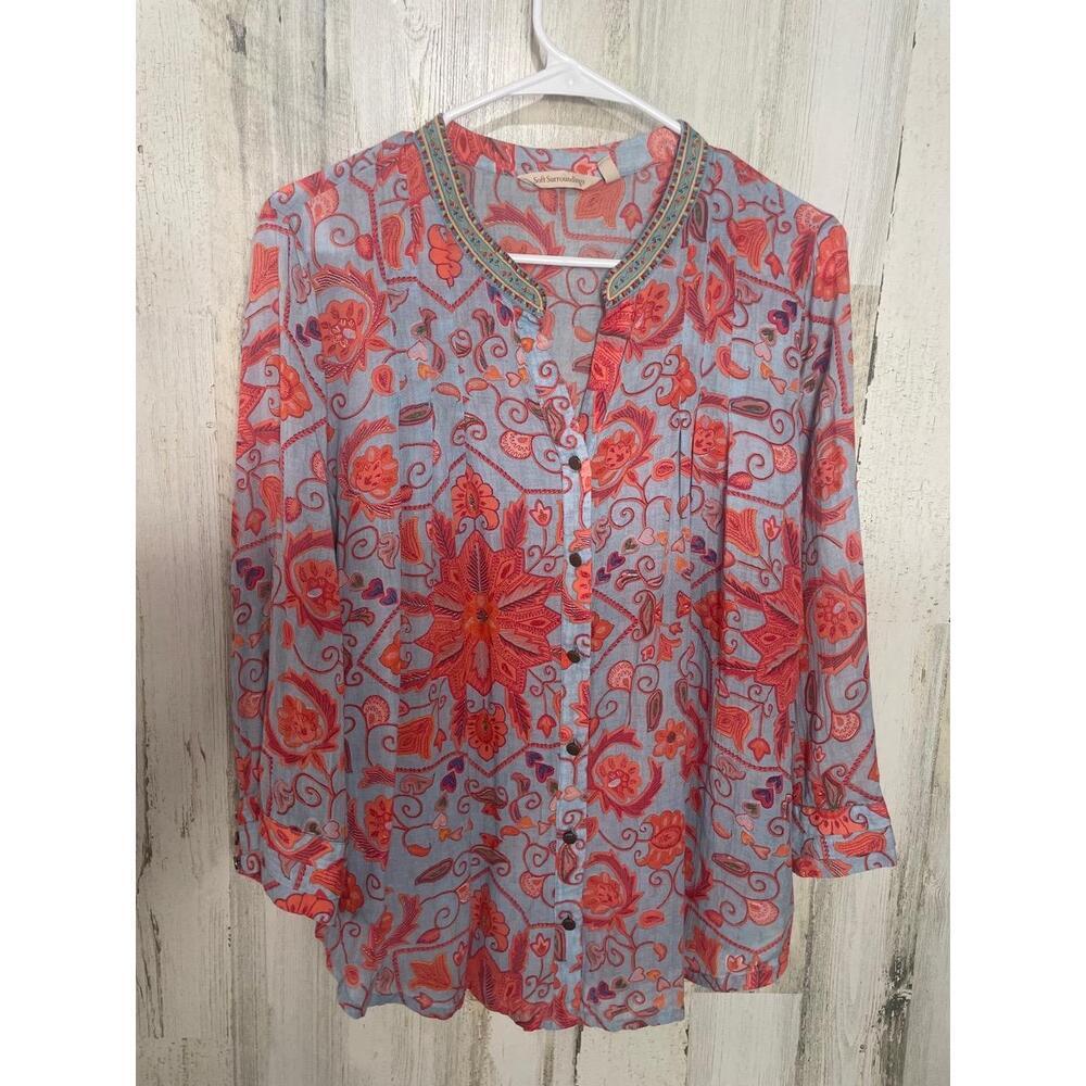 Soft Surroundings Bluesette Blouse Missy Blue/Orange‎ Embroidered size M Paisley